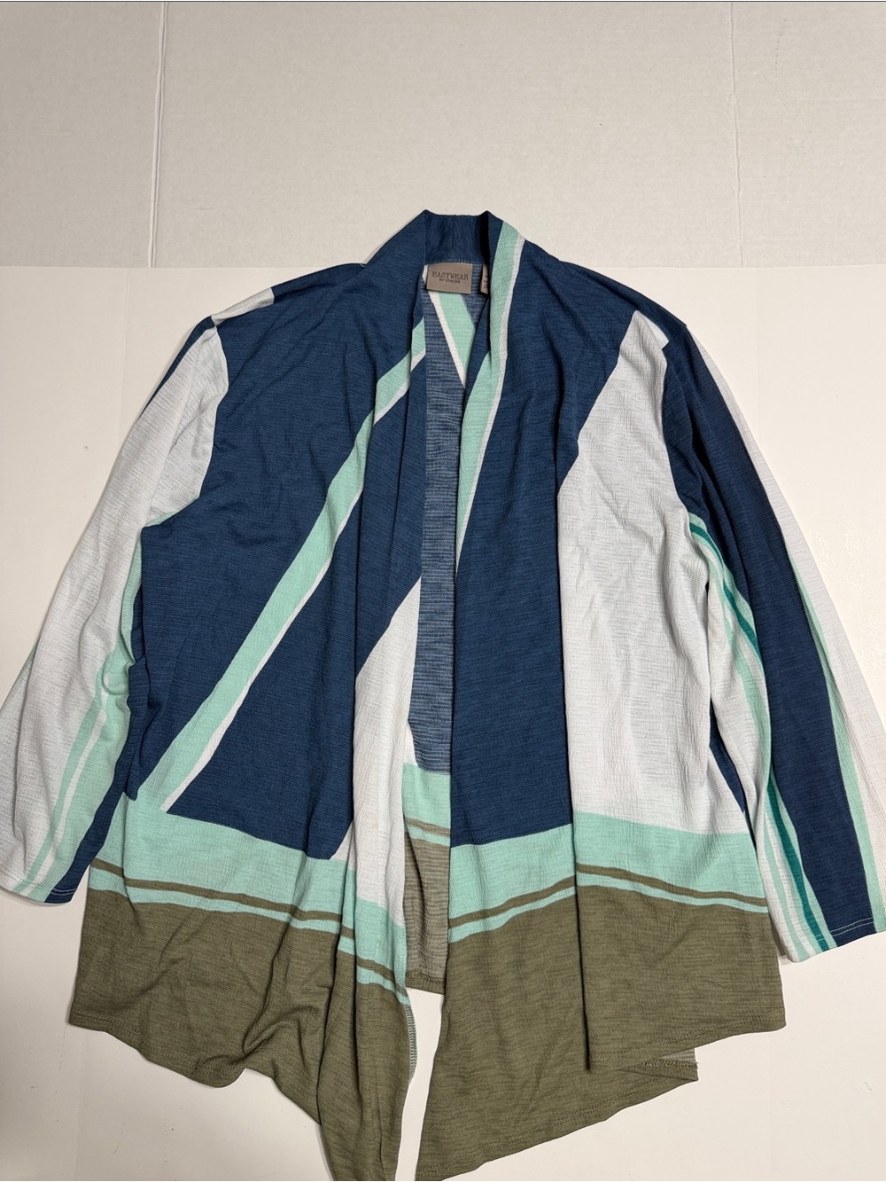 Chico's Draped Open-Front Cardigan in Navy, Mint & Olive